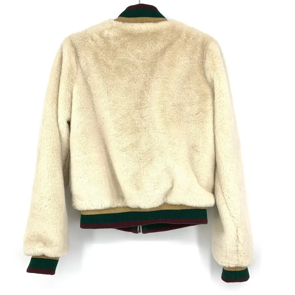 Elan Bomber Jacket Women's Size Small Faux Fur Cream Striped Collar Cuff